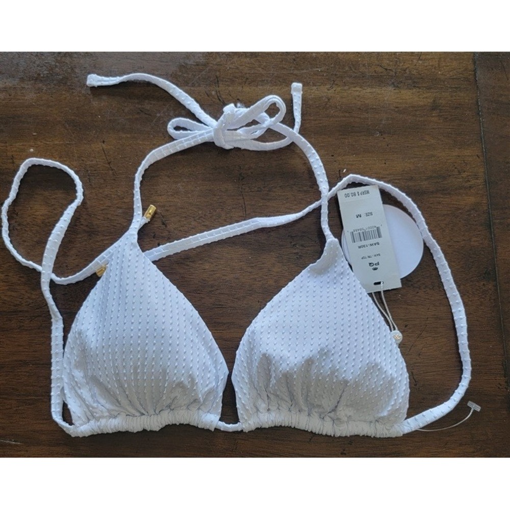NWT Pilyq L Saw Dotted Tri Bikini Top White 121688